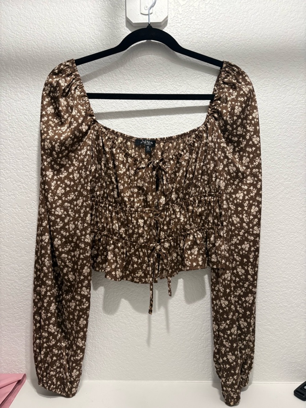Mixed threads Brown Floral Smocked Long-Sleeve Crop Top